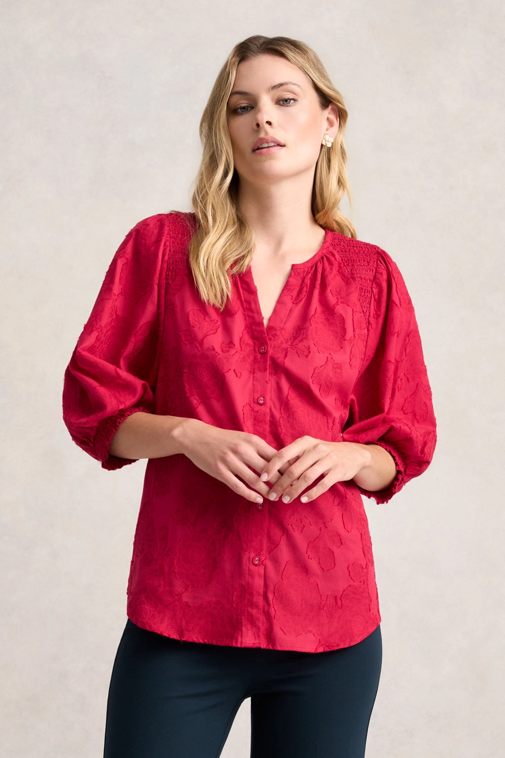 Jacquard Smocked Blouse - Rouge