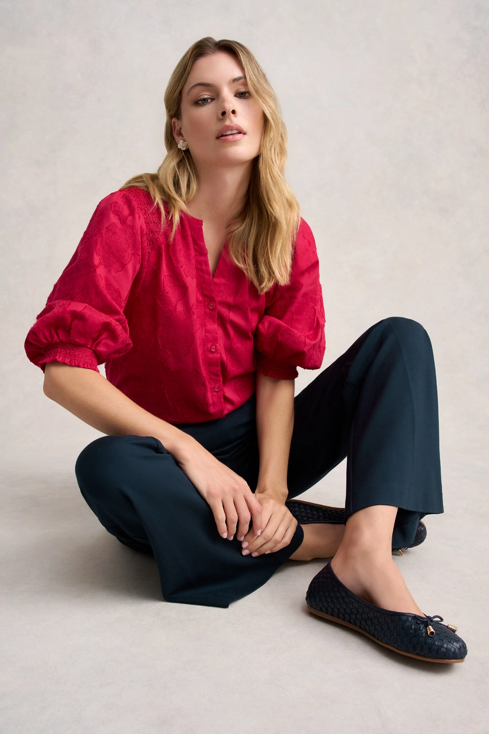 Jacquard Smocked Blouse - Rouge