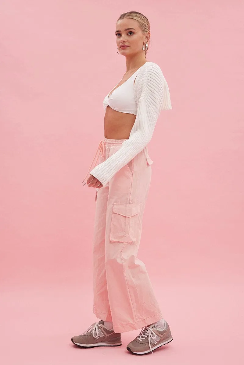 Pink Cargo Pant Wide Leg Elastic Waist Cotton Twill