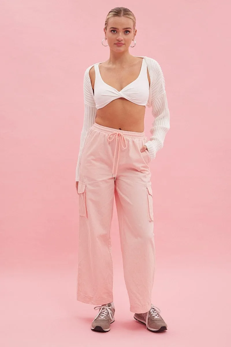 Pink Cargo Pant Wide Leg Elastic Waist Cotton Twill
