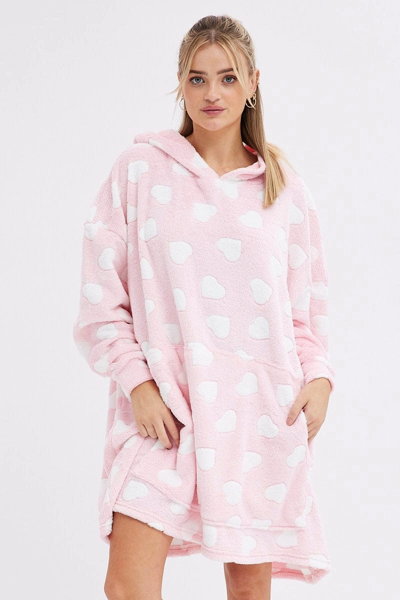 Pink Heart Print Cosy Blanket Hoodie PJ