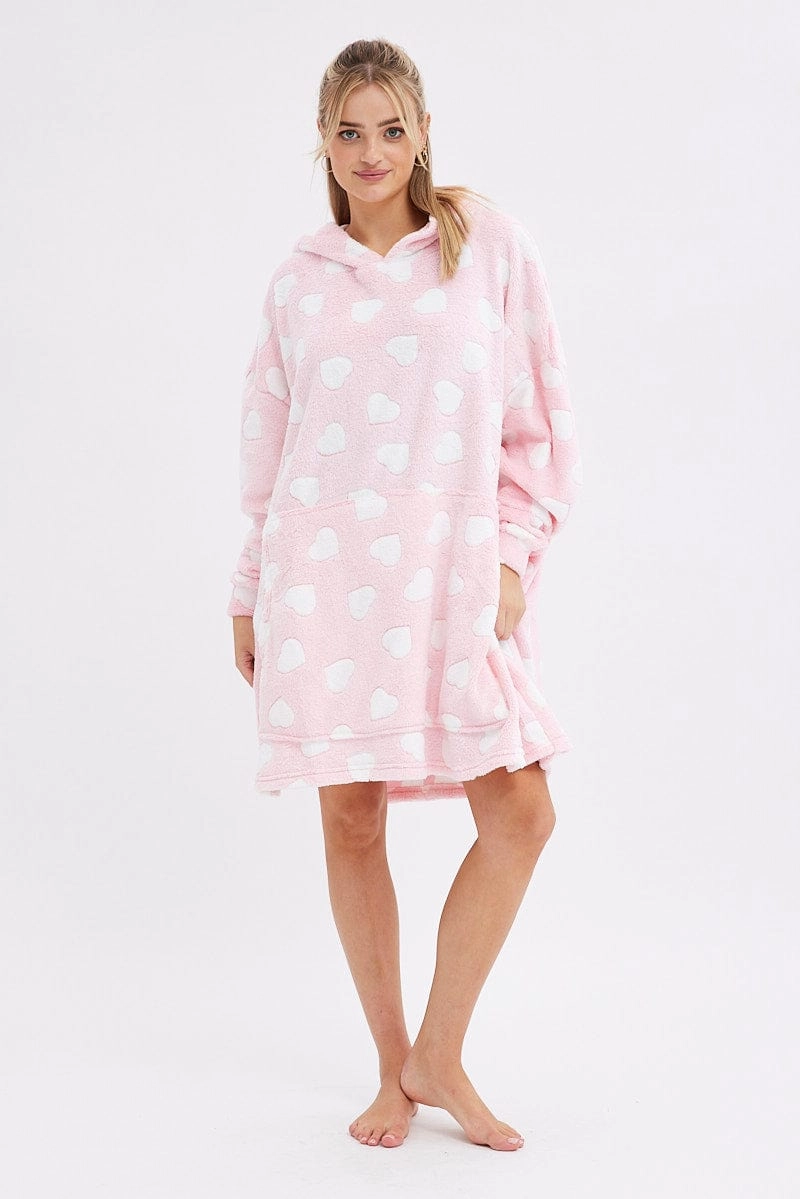 Pink Heart Print Cosy Blanket Hoodie PJ
