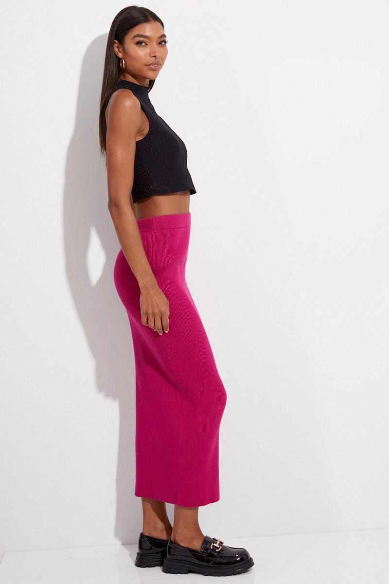 Pink Knit Skirt Midi High Rise