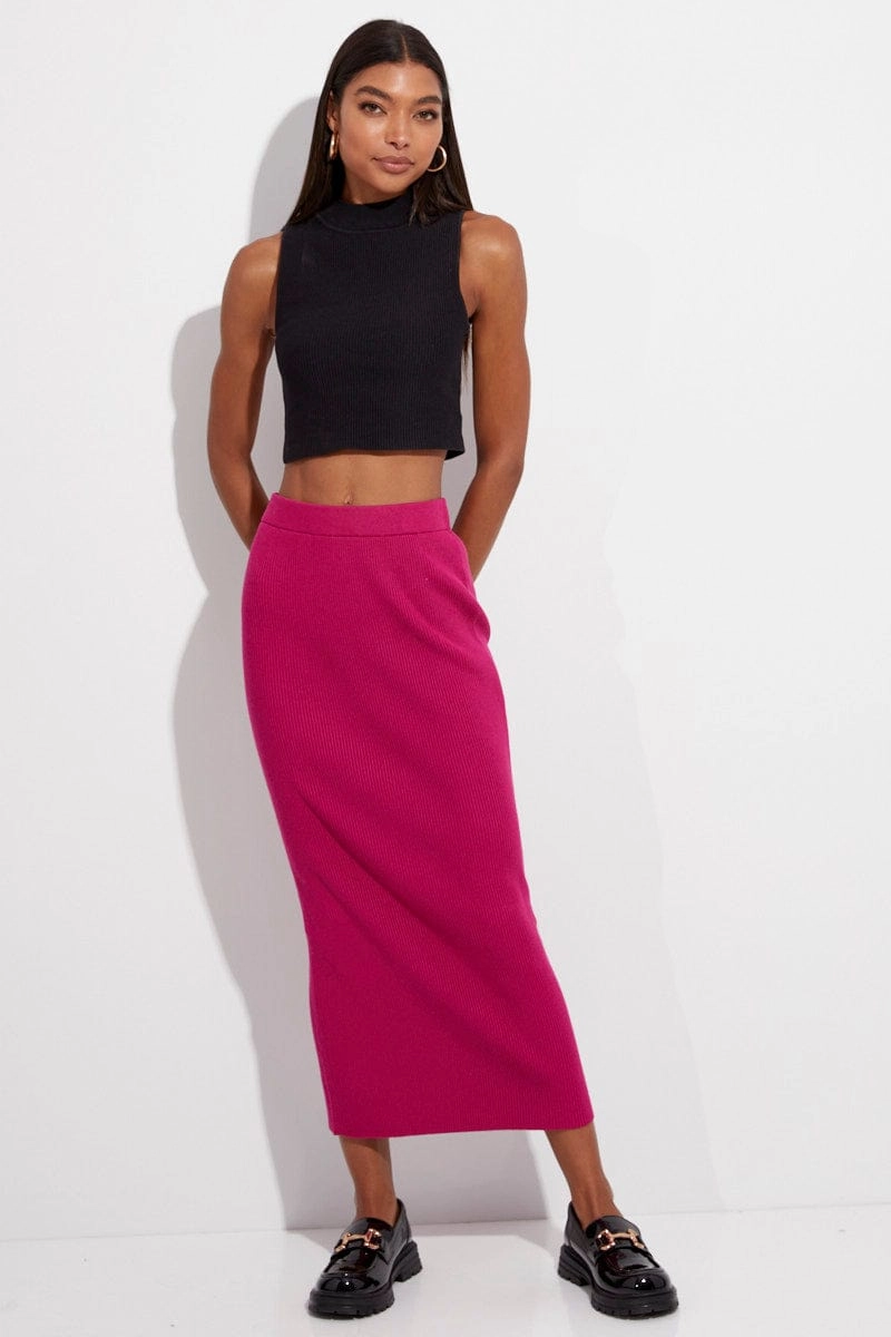 Pink Knit Skirt Midi High Rise