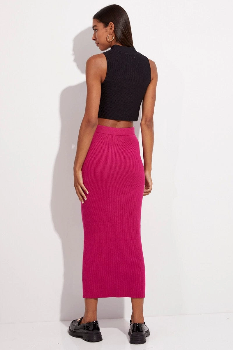 Pink Knit Skirt Midi High Rise