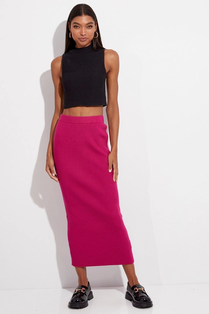 Pink Knit Skirt Midi High Rise