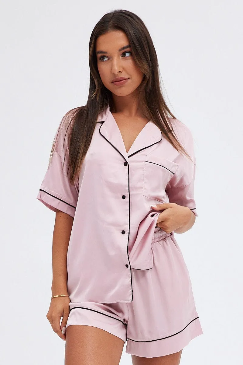Pink Satin Pj Piping Button Through Pyjama Set