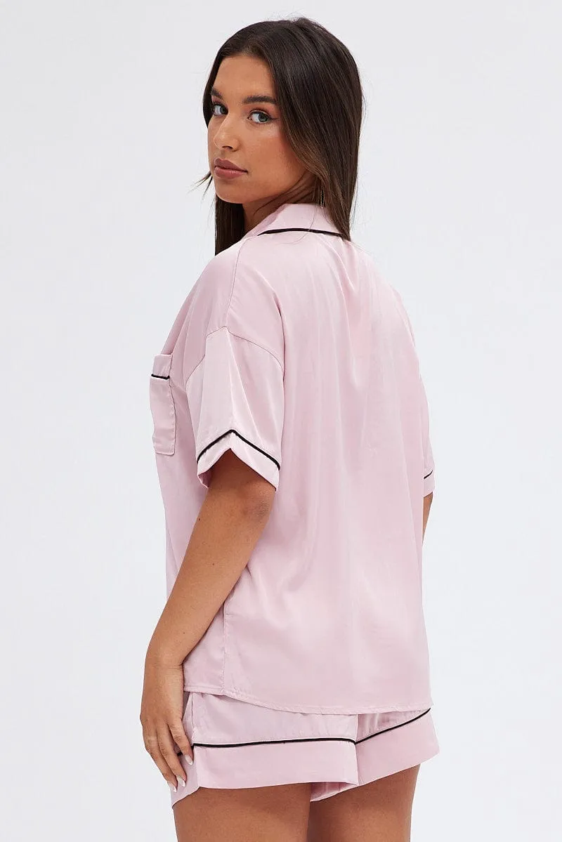 Pink Satin Pj Piping Button Through Pyjama Set