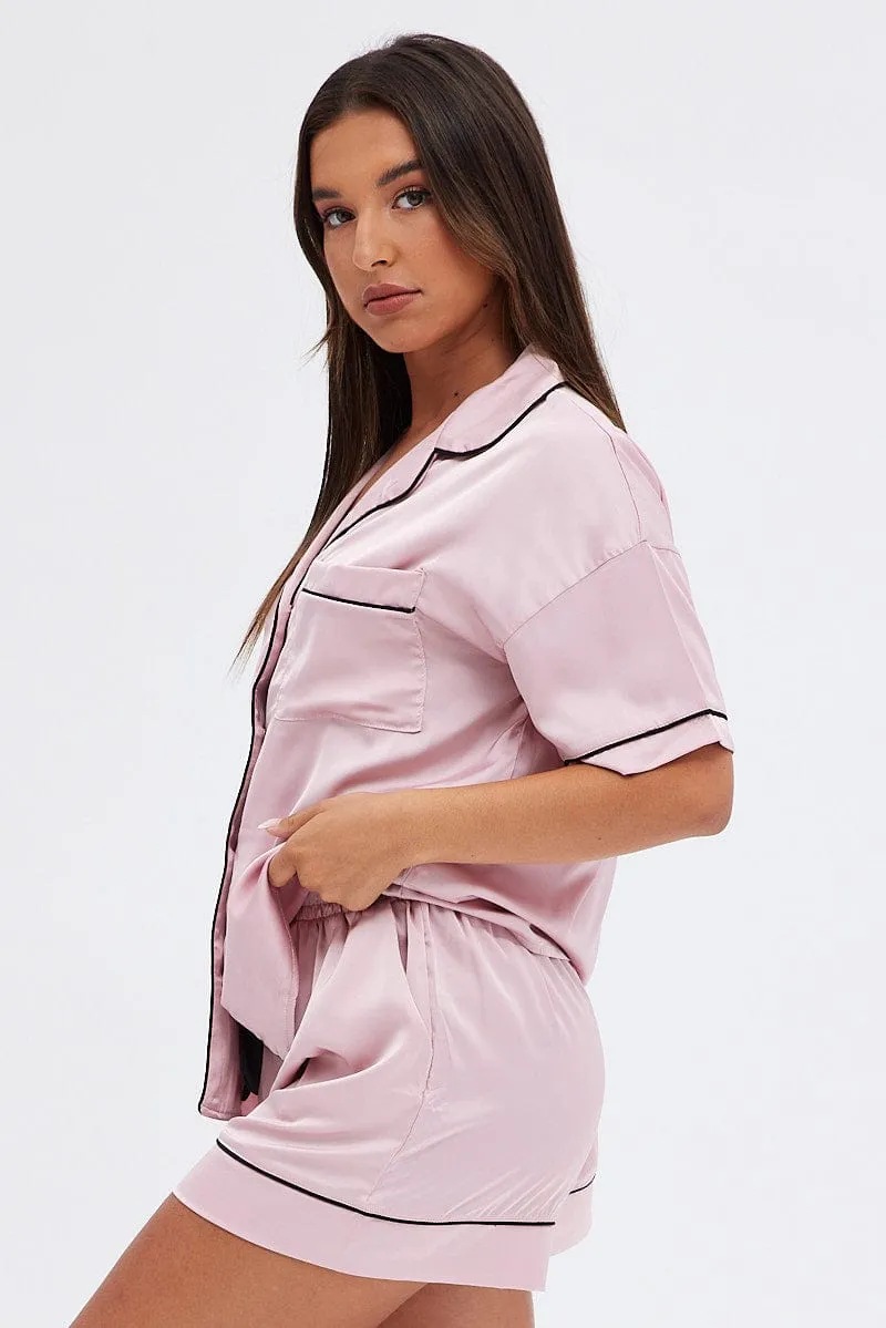 Pink Satin Pj Piping Button Through Pyjama Set