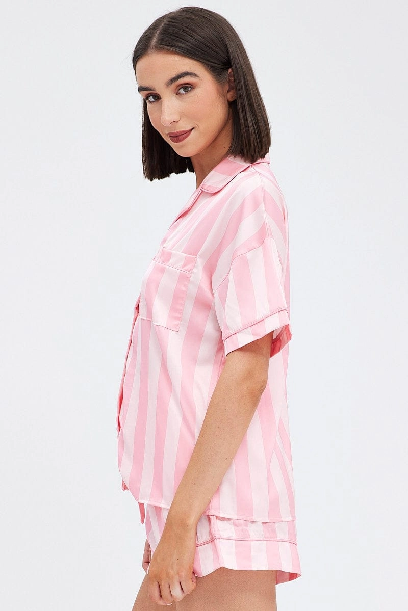 Pink Stripe Satin Pj Pink Stripe Piping Pyjama Set