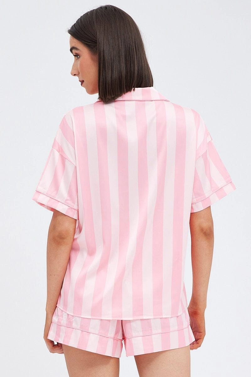 Pink Stripe Satin Pj Pink Stripe Piping Pyjama Set