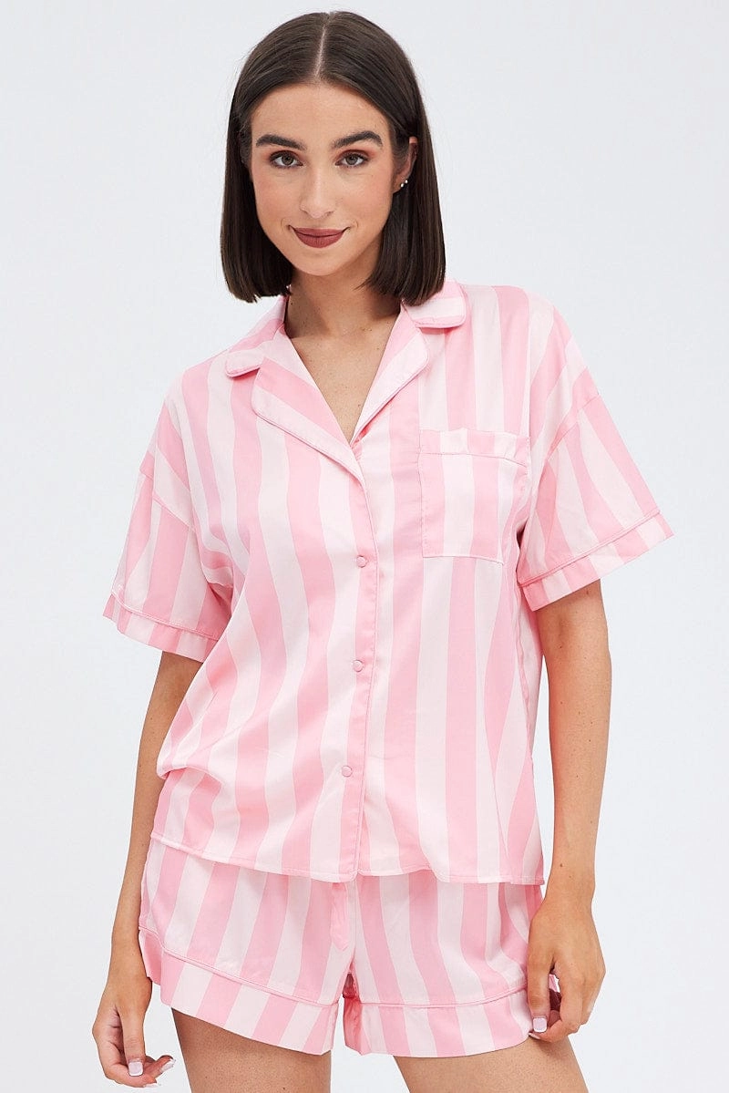 Pink Stripe Satin Pj Pink Stripe Piping Pyjama Set