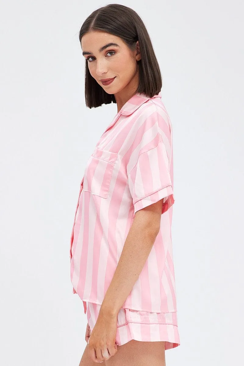 Pink Stripe Satin Pj Pink Stripe Piping Pyjama Set