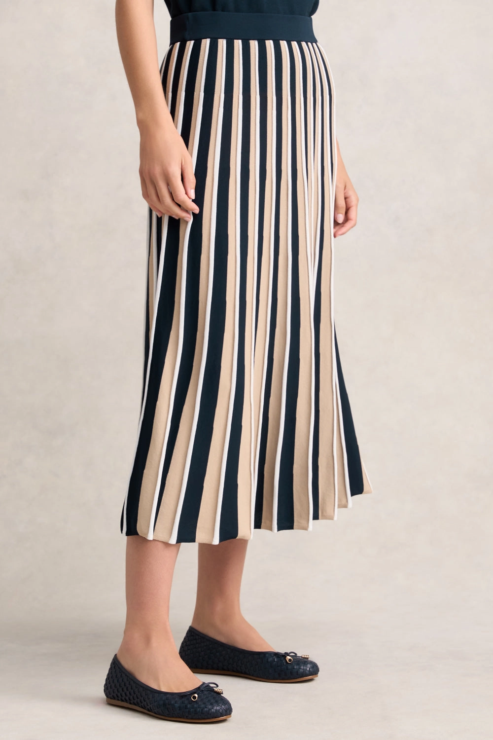 Pleated Knit Skirt - Deep Navy Stripe