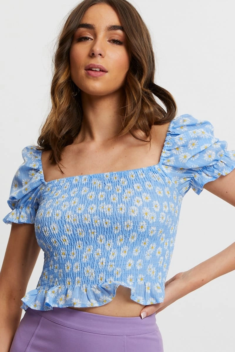 Print Shirred Puff Sleeve Top