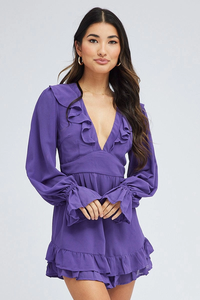 Purple Playsuit Long Sleeve V Neck Frill Poly Chiffon