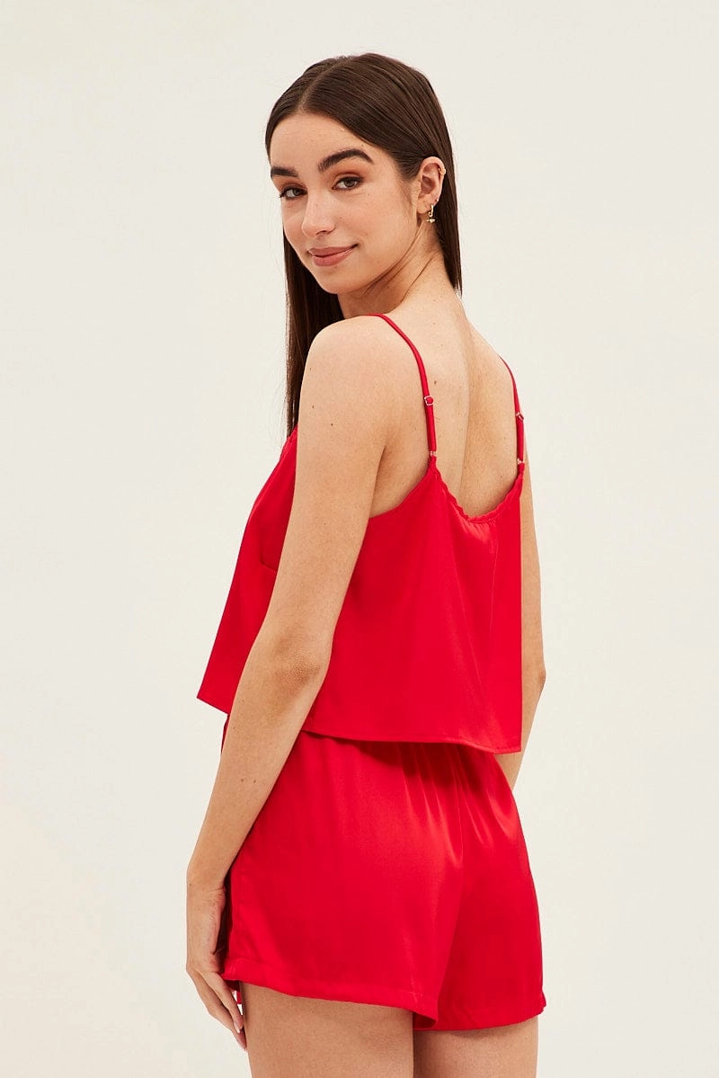 Red Pyjamas Set Sleeveless Cami Shorts Satin