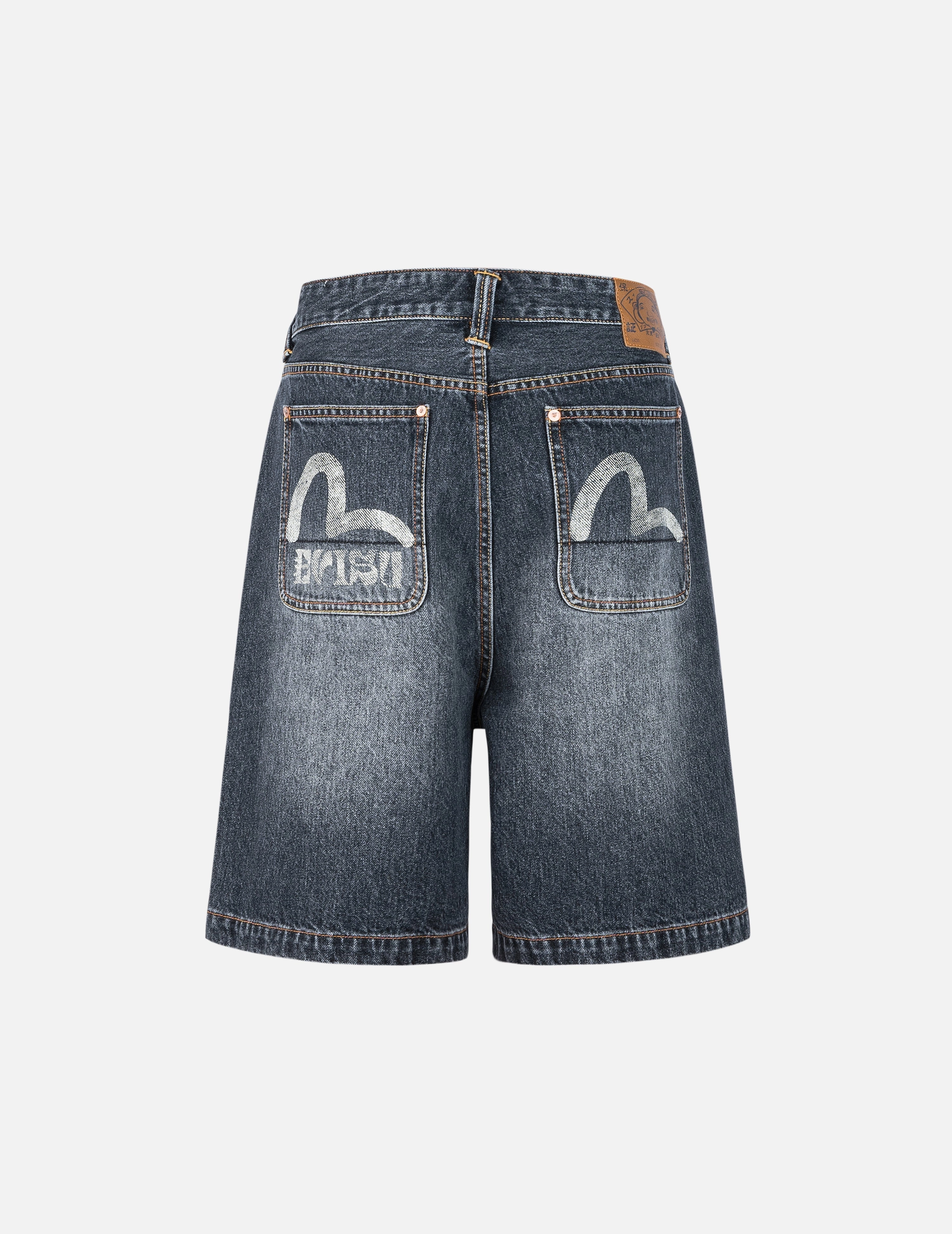 Seagull Print Pockets Oversized Worker Denim Shorts