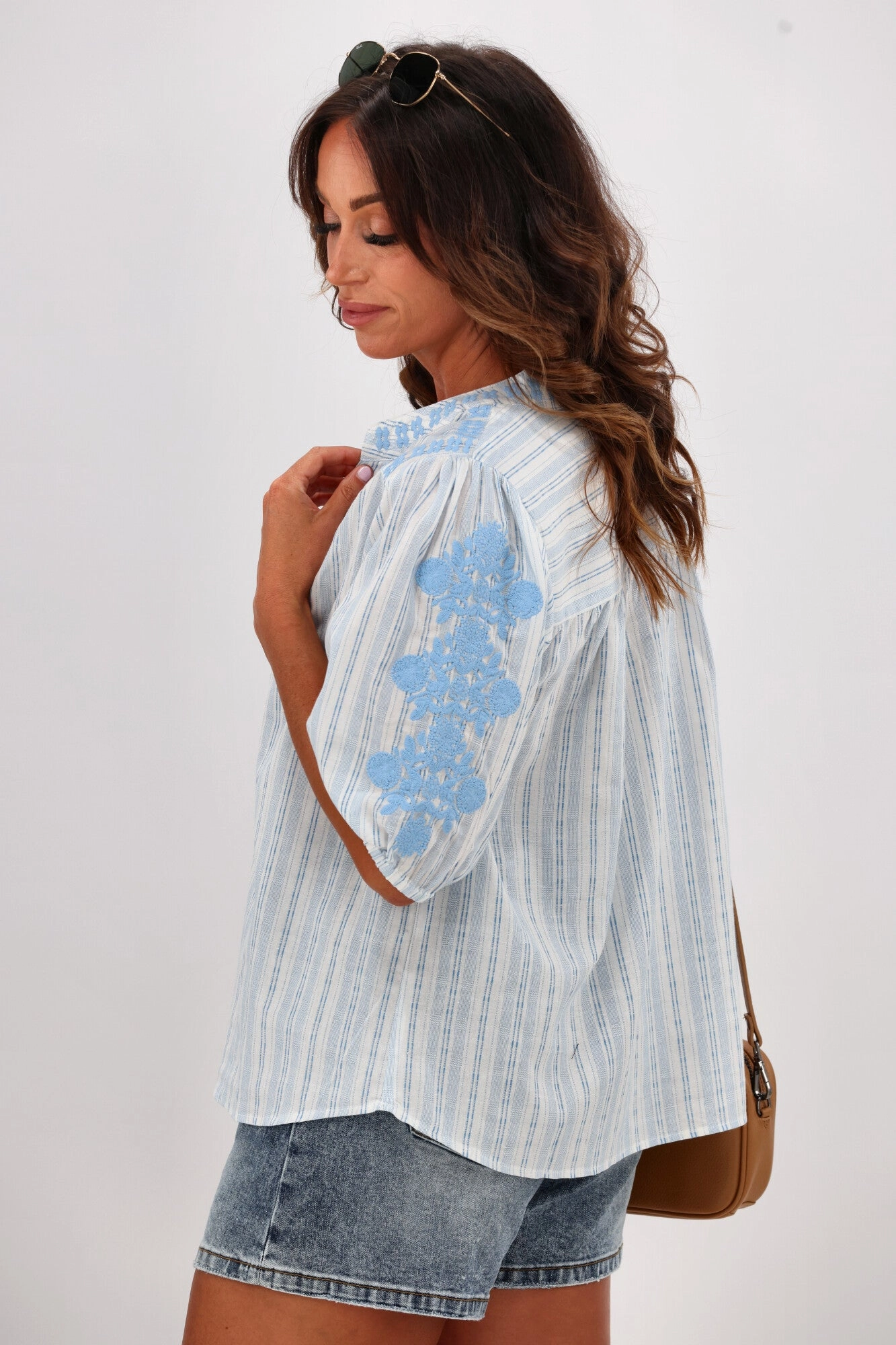 Shine On Label Makena Embroidered Striped Top Blue