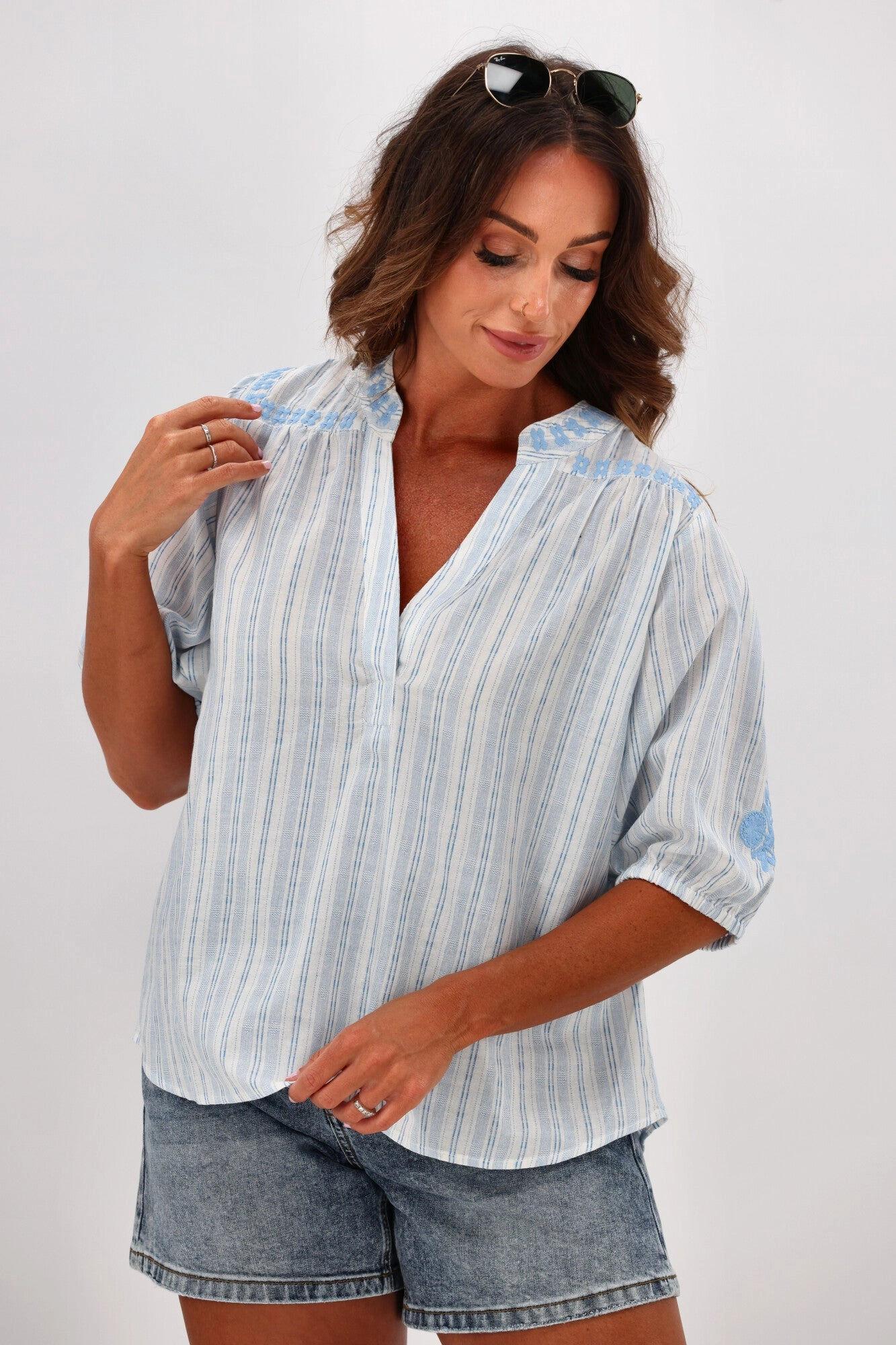 Shine On Label Makena Embroidered Striped Top Blue
