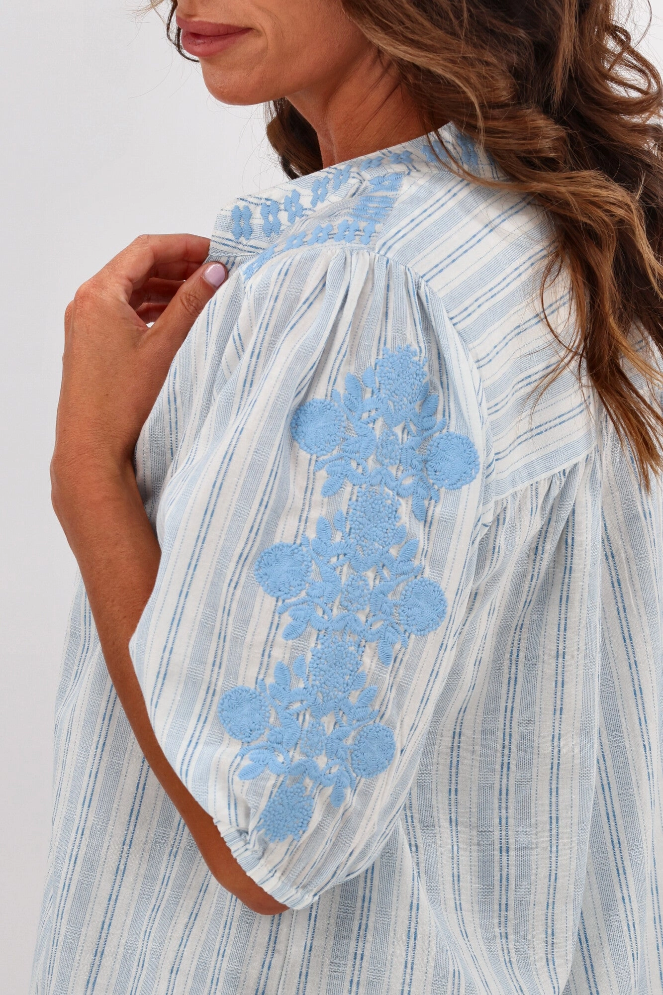 Shine On Label Makena Embroidered Striped Top Blue