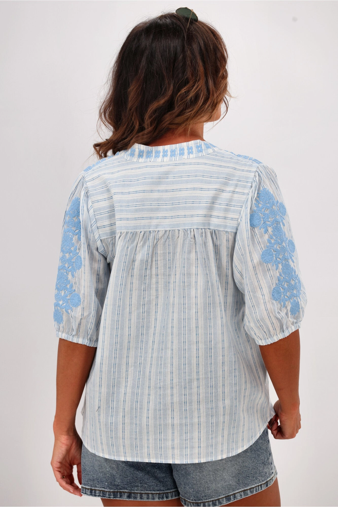 Shine On Label Makena Embroidered Striped Top Blue
