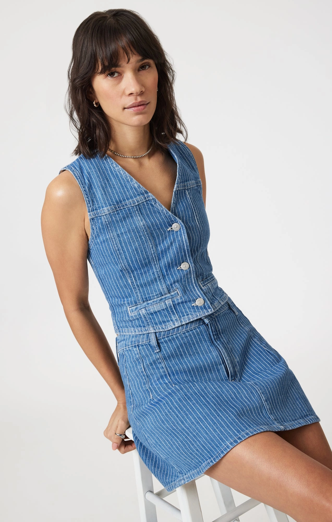 SUMMER DENIM SKIRT IN BLUE STRIPE DENIM