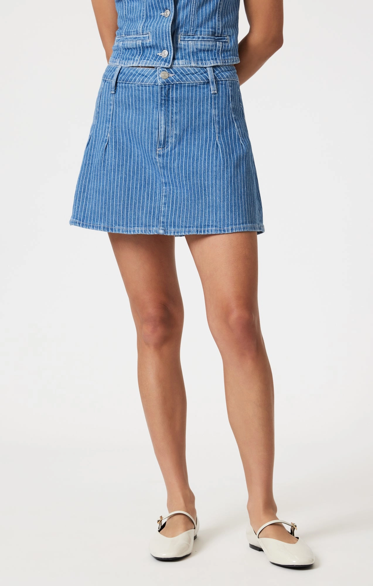 SUMMER DENIM SKIRT IN BLUE STRIPE DENIM