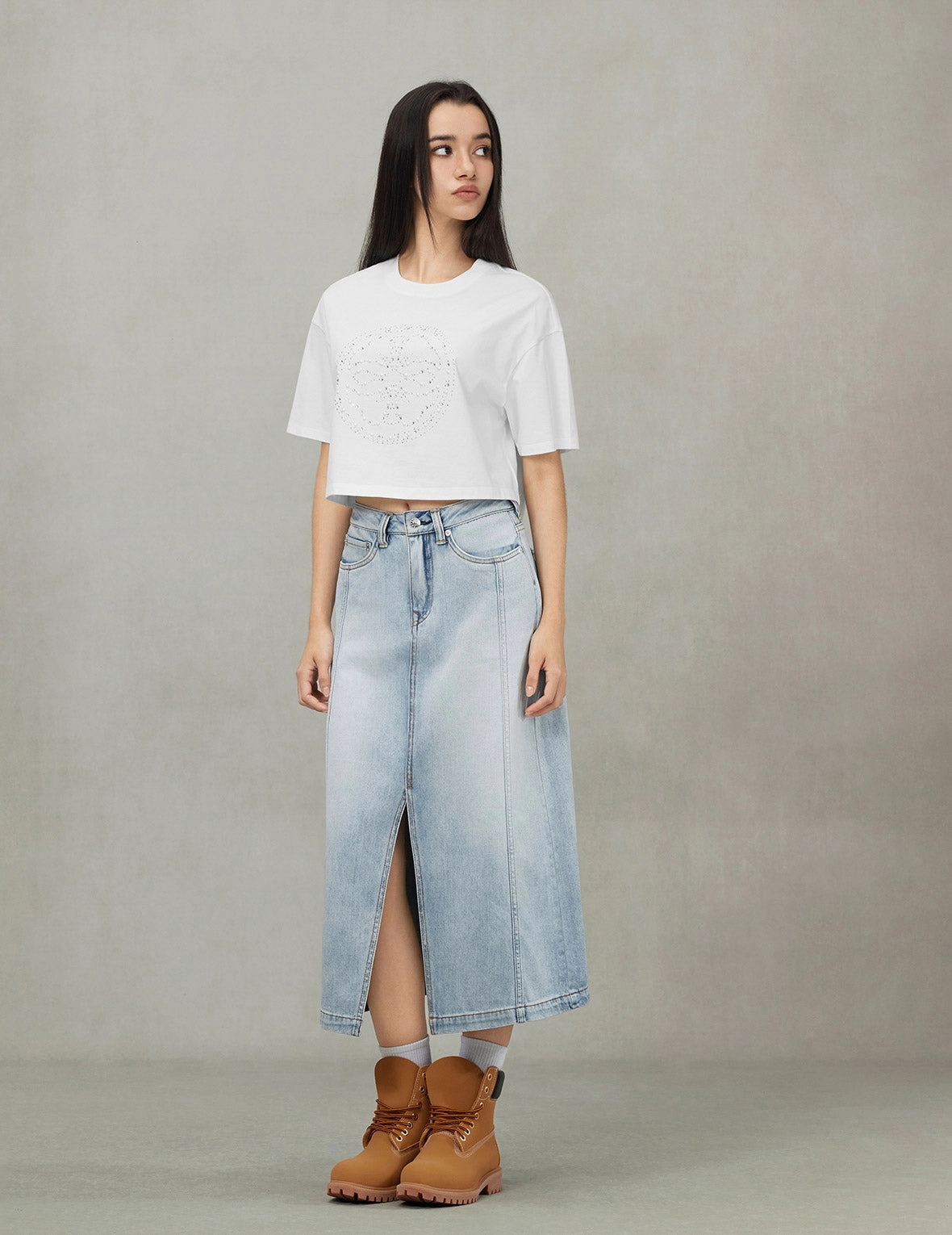 Washed Deconstructed Seagull Fashion Fit Demin Midi Skirt