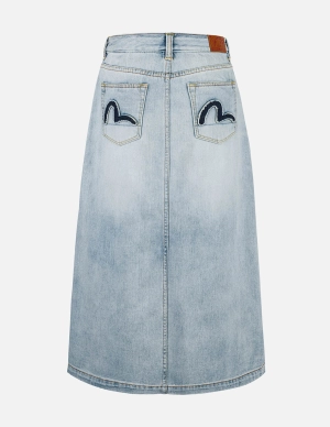 Washed Deconstructed Seagull Fashion Fit Demin Midi Skirt