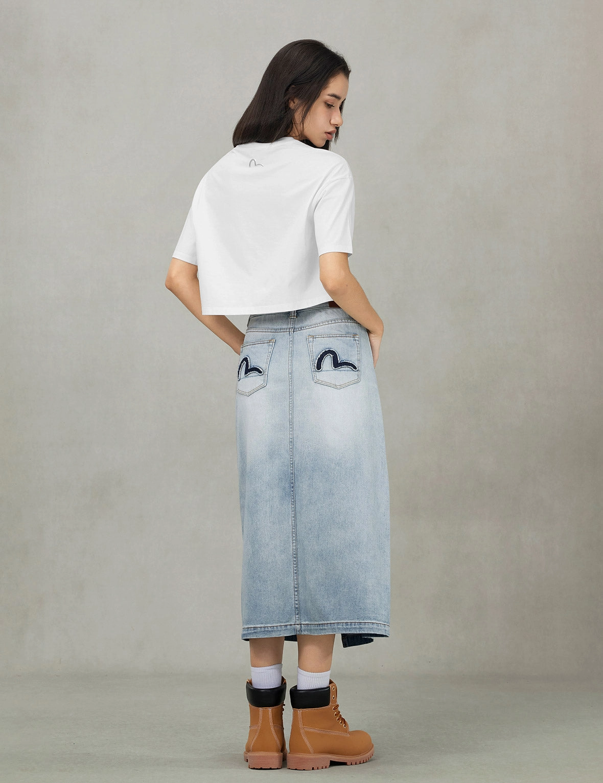 Washed Deconstructed Seagull Fashion Fit Demin Midi Skirt
