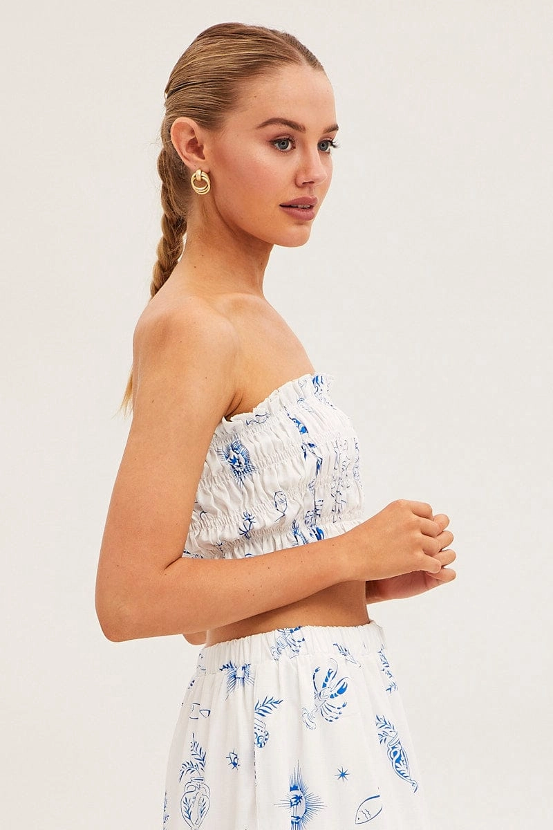 White Abstract Bandeau Top Shirred Print