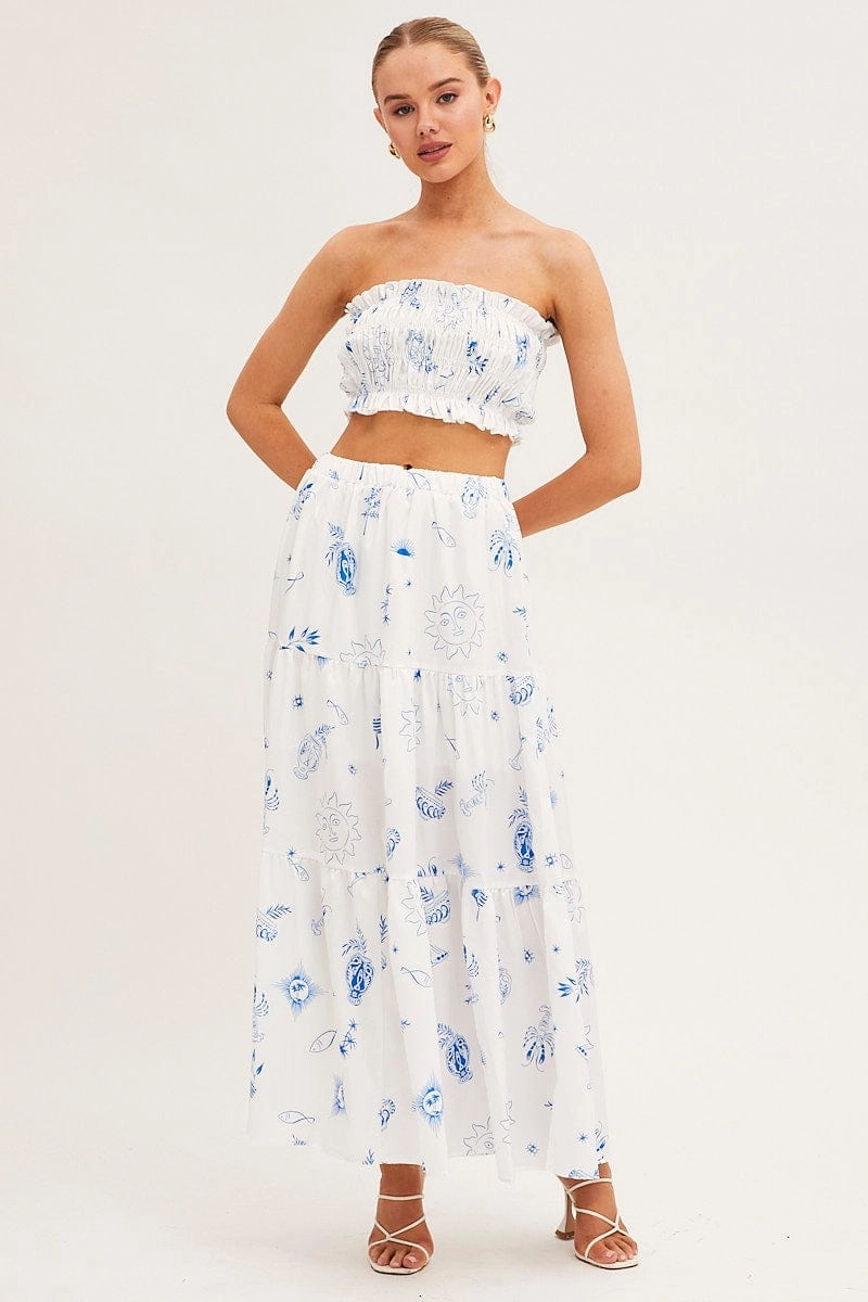 White Abstract Bandeau Top Shirred Print