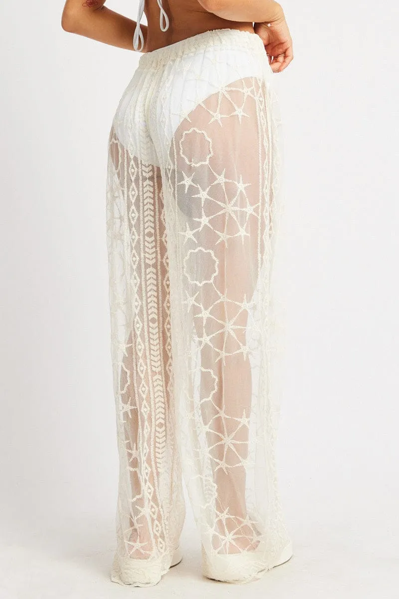 White Embroidery Beach Pants