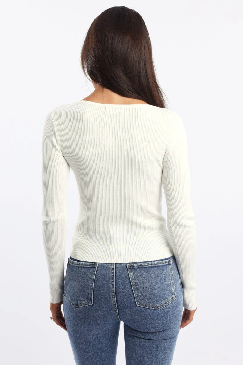 White Knit Cardigan Long Sleeve Crew Neck Button Up