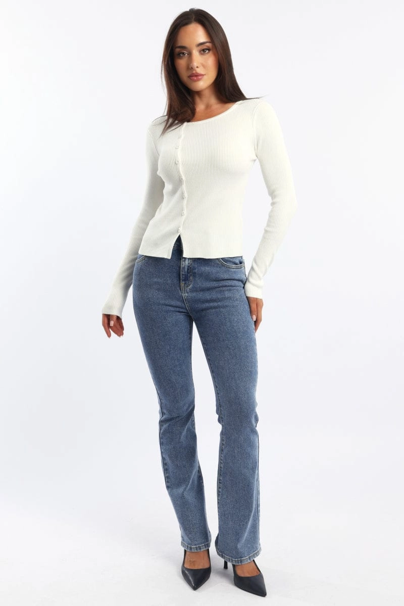 White Knit Cardigan Long Sleeve Crew Neck Button Up
