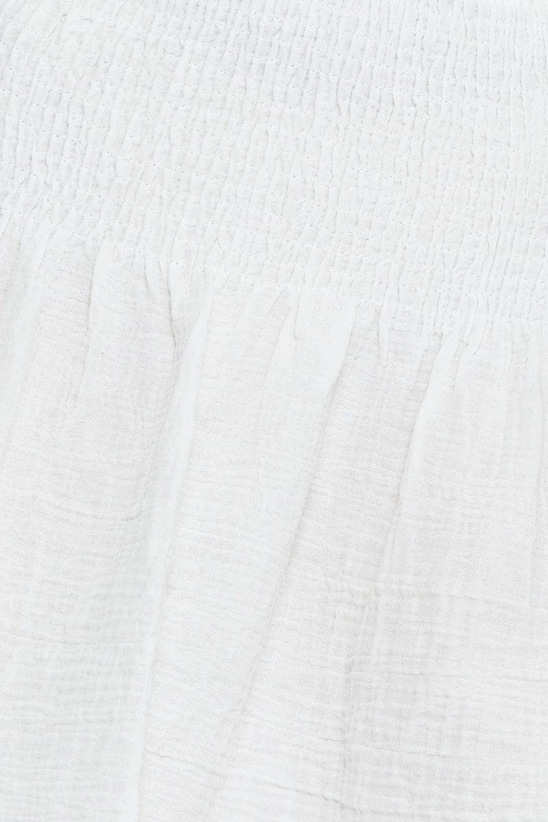 White Linen Blend Shirred Waist Skater Skirt