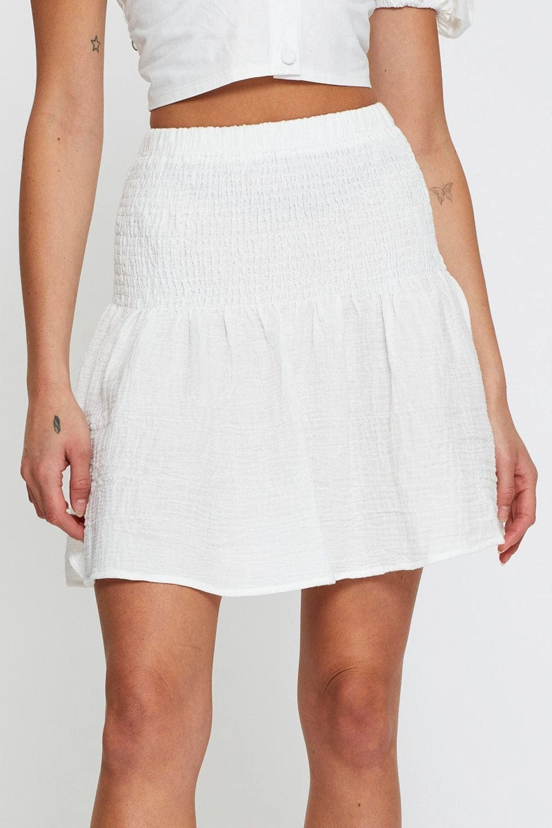White Linen Blend Shirred Waist Skater Skirt