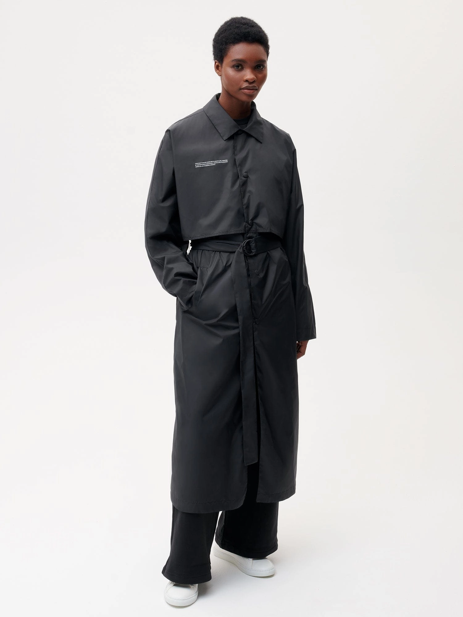 Womens Recycled Nylon Trench Coat—black
