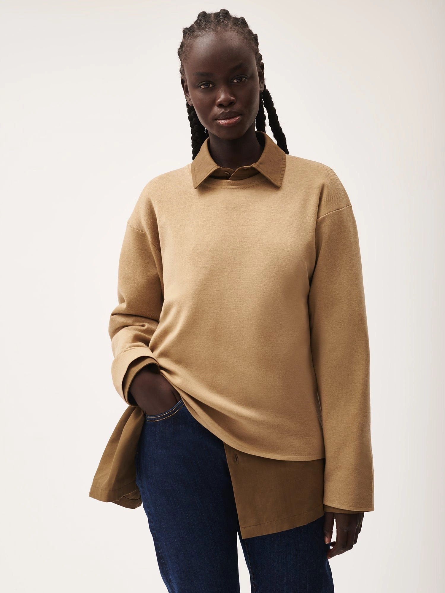 Womens Regenerative Merino Wool Sweater—camel